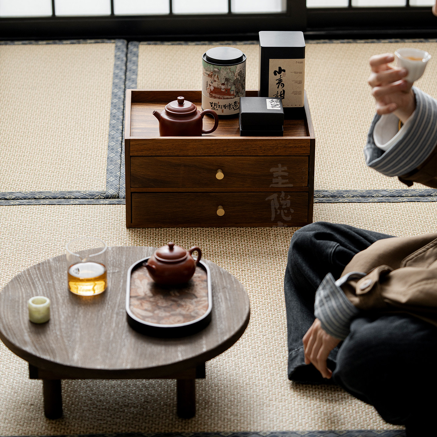 圭隐堂胡桃木茶具收纳柜抽屉式储物盒文玩茶道配件置物架实木茶柜