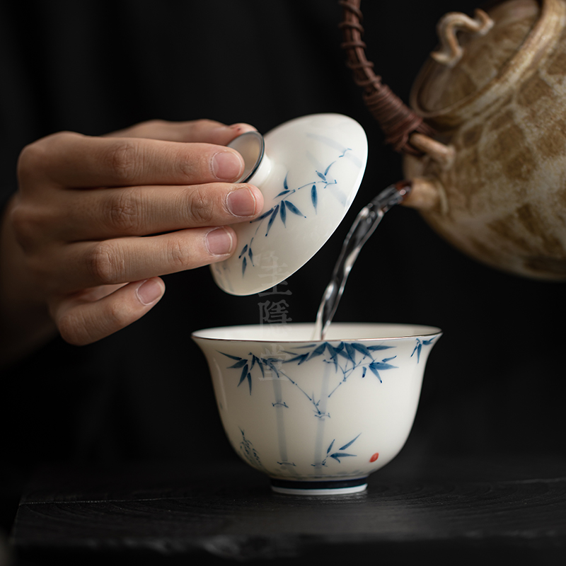 圭隐堂手绘竹子玉瓷盖碗