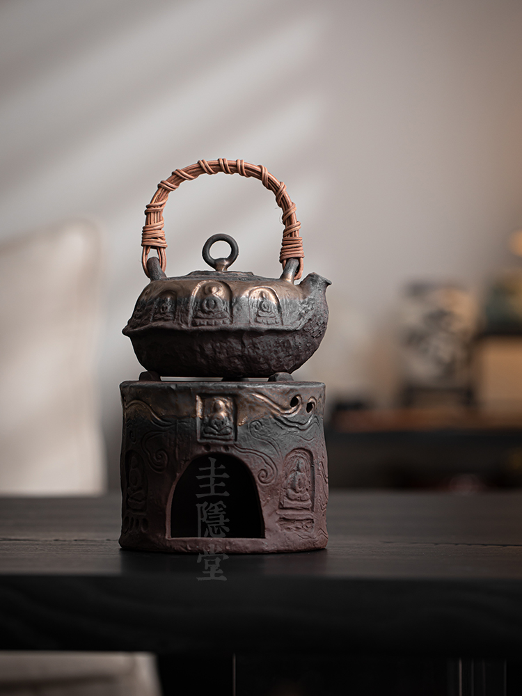 桂音堂老岩泥手工镀金炉茶壶茶炉家居覆古粗陶酒精炉暖茶炉