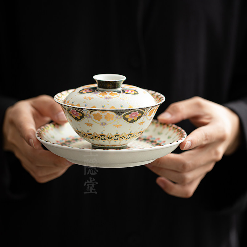 圭隐堂羊脂玉瓷手工贴花陶瓷三才盖碗壶承套装家用泡茶碗手抓碗