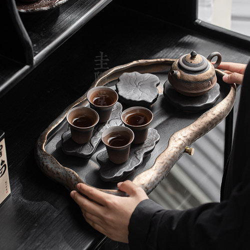 圭隐堂禅意鎏金粗陶储水茶盘