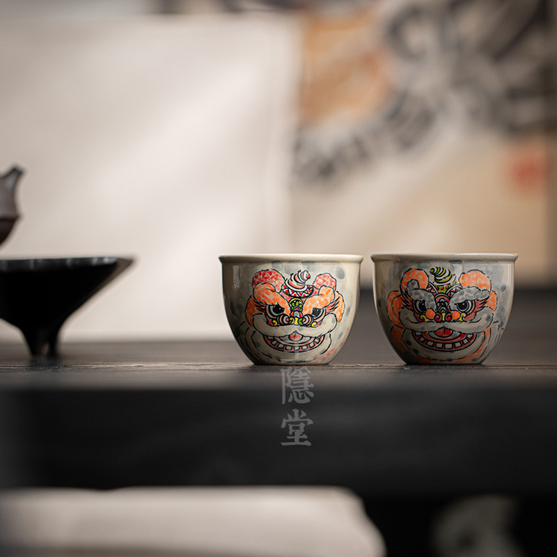 圭隐堂手绘舞狮陶瓷茶杯中式复古手工主人杯品茗杯家用个人单杯,餐饮具,茶杯,淘宝优惠券,粉丝福利购,淘宝优惠卷