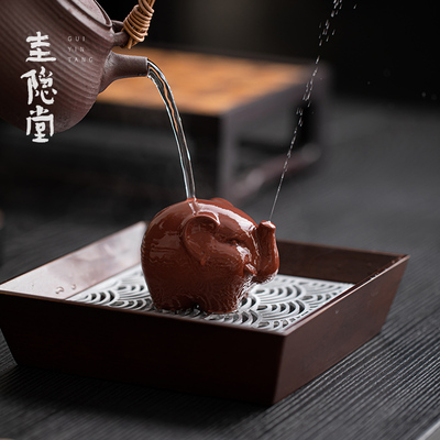圭隐堂紫砂喷水小象茶宠茶玩手工陶泥可养茶壶盖置茶搁文玩小摆件