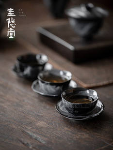 圭隐堂粉引水墨国风粗陶花瓣茶杯日式侘寂家用主人杯品茗杯闻香杯