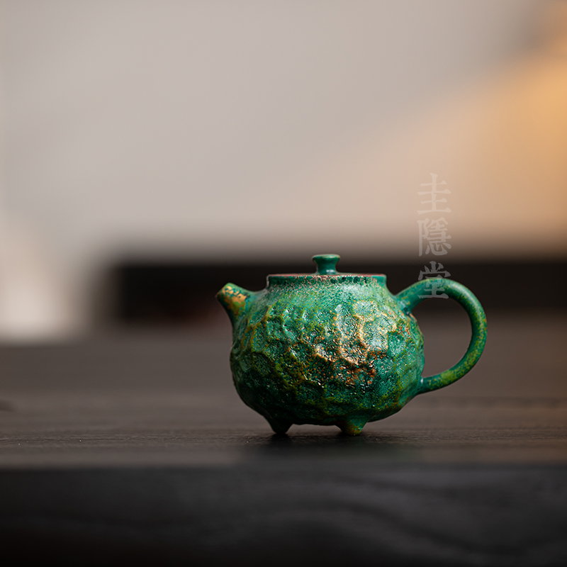 圭隐堂纯手工大漆鎏金粗陶手执茶壶家用复古侘寂泡茶壶单壶手抓壶