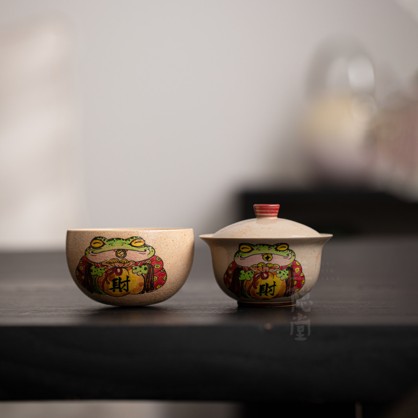 圭隐堂纯手绘呱呱来财陶瓷盖碗茶杯国潮风一壶一杯一人饮茶具套装