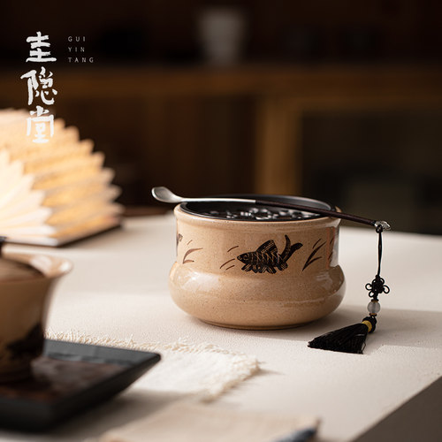 圭隐堂手绘粗陶建水洗水茶盂家用茶台废水盂渣桶茶渣缸茶洗杯洗