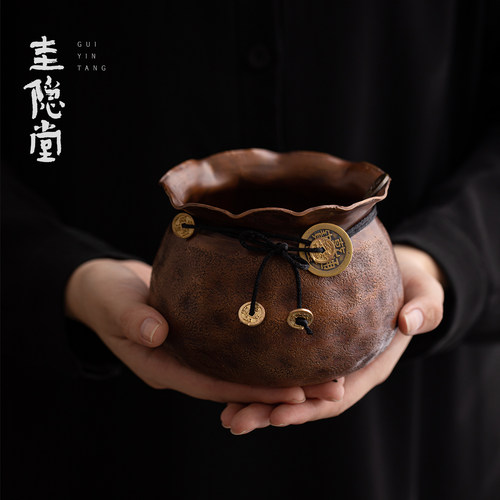 圭隐堂手工纯铜建水中式招财高档家用茶废水盂渣桶茶渣缸花盆摆件