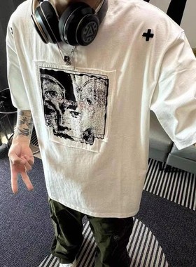 NSTNEW START白色映象感T字白色贴布男女情侣装上衣纯棉短袖T恤