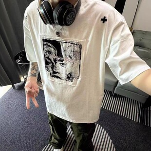 NSTNEW START白色映象感T字白色贴布男女情侣装上衣纯棉短袖T恤