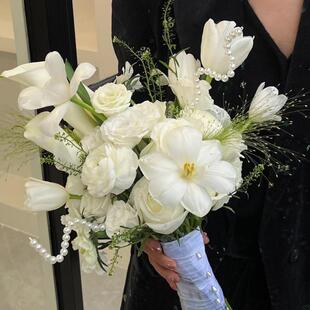 森系旅拍园林风高级法式道具拍照婚礼瀑布水滴仿真新娘韩式手捧花