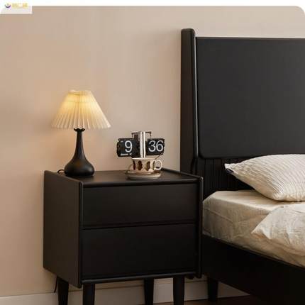 润广盛实木床头柜黑色轻奢卧室收纳柜小型床边柜现代简约储物型柜