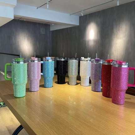 镶钻新款跨境40oz贴钻手柄汽车杯手柄大容量冰霸杯真空吸管杯