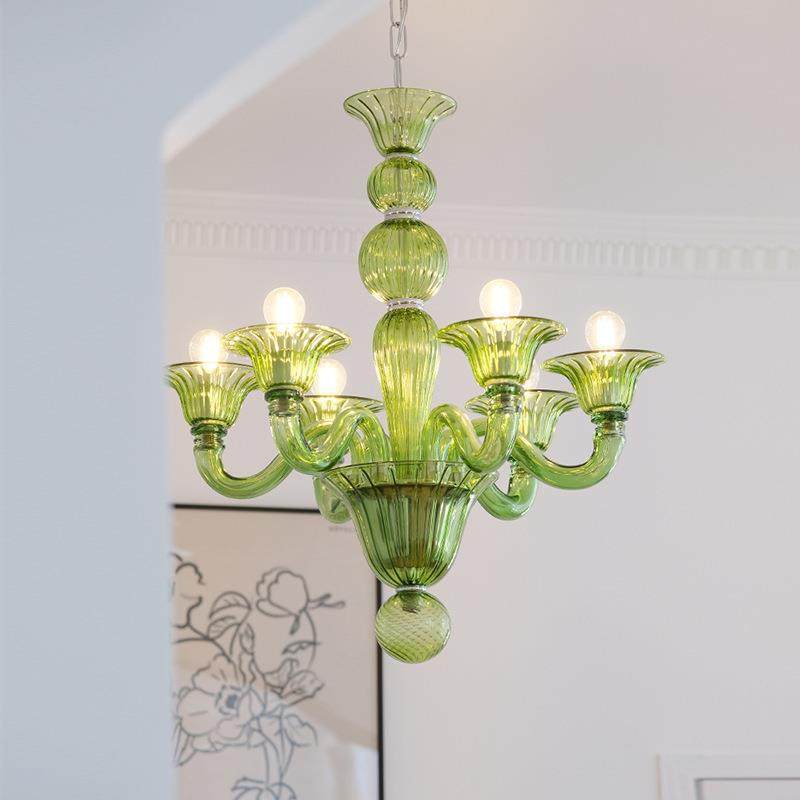 法式优雅蜡烛吊灯 复古美式轻奢餐厅卧室客厅绿色玻璃灯具