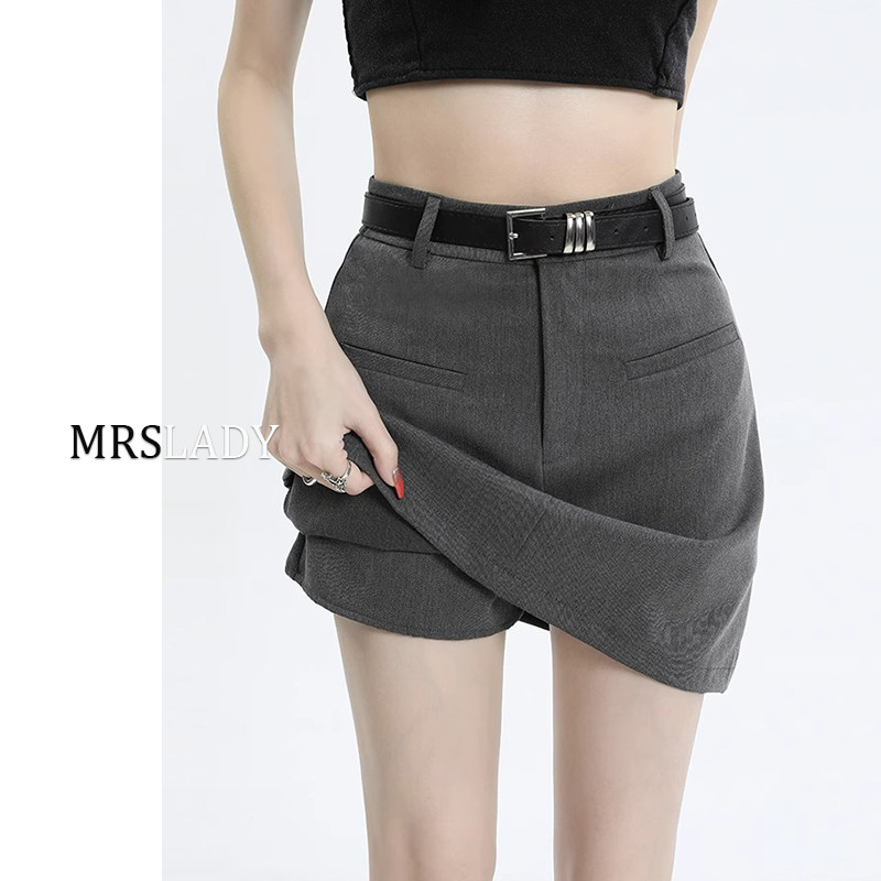灰色高腰西装短裙女夏季2023新款学院风辣妹百搭a字包臀半身裙裤