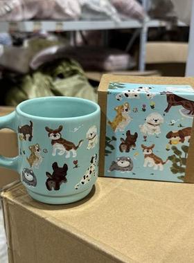 高颜值薄荷蓝满屏小狗陶瓷马克杯ins卡通修勾咖啡杯春天水杯340ml