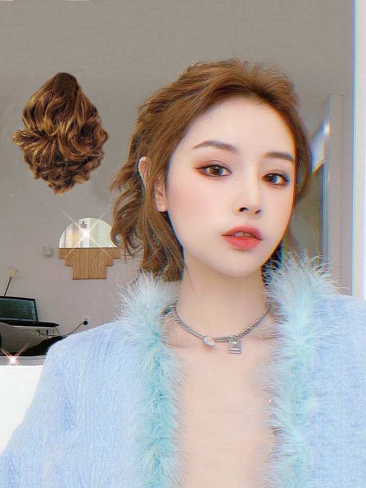 梨花卷短马尾抓夹式真人发丝假发女短卷发蓬松绑带式真发短发辫子