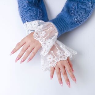 跨境亚马逊 气质小香风袖套 百褶网纱蕾丝手袖 女装饰袖口假袖子
