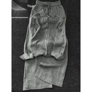 2026年夏季老钱风松驰感宽松显瘦灰色长袖仿亚麻衬衫长裤两件套装