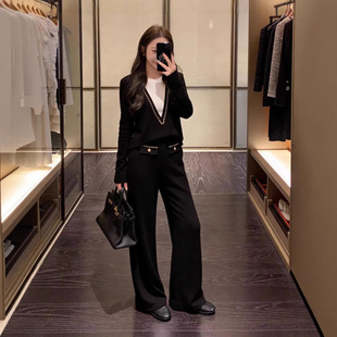 小香风针织套装女秋冬洋气假两件毛衣阔腿裤休闲轻奢垂感显瘦穿搭