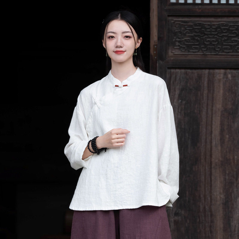 26春季棉麻女装新款中式复古手工缠线盘扣上衣女棉麻禅意茶服衬衫