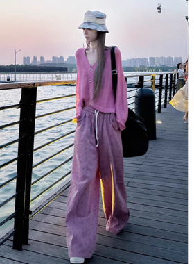 粉红色针织开衫碎花阔腿裤两件套女秋装新款炸街减龄气质休闲套装