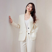 高级感时尚 女春秋新款 气质 套装 无领休闲小西服外套跨境米白色西装
