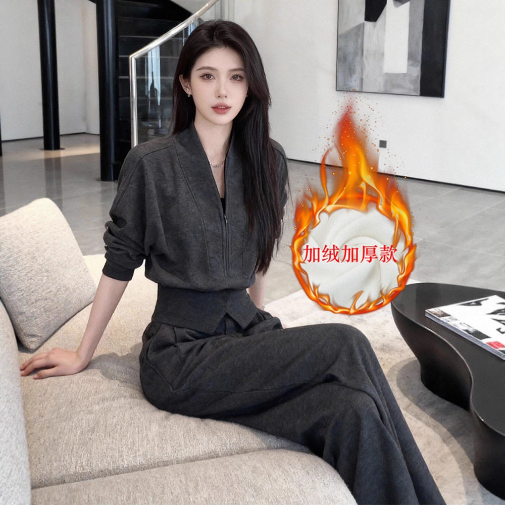 干练气质休闲运动套装女冬季高级感加绒灰色上衣阔腿裤两件套