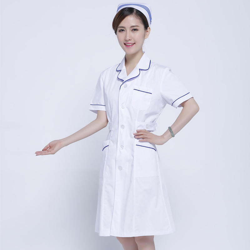 女护士药店白大褂加蓝边短袖薄款眼镜店实验室美容师诊所工作服装