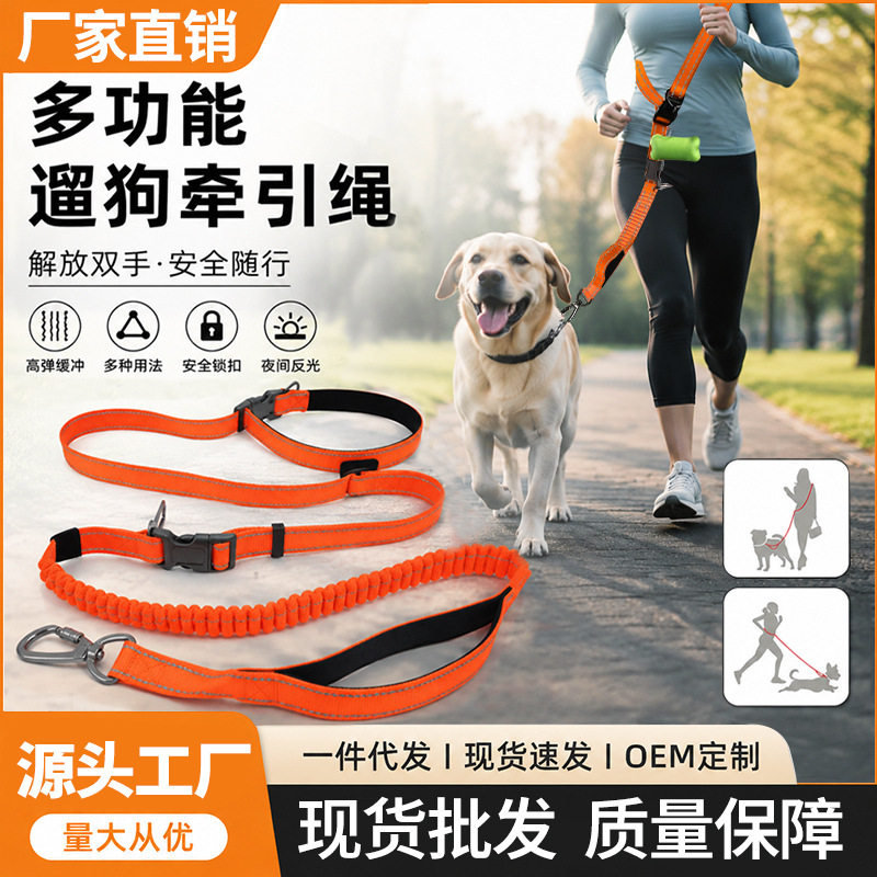 宠物用品爆款防爆冲松紧尼龙腰带遛狗跑步牵引绳多功能狗绳子