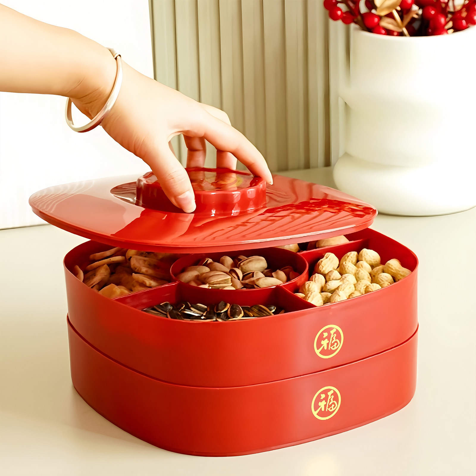顺丰包邮双层带盖果盘家用茶几过年喜庆红色糖果盒瓜子零食收纳盒