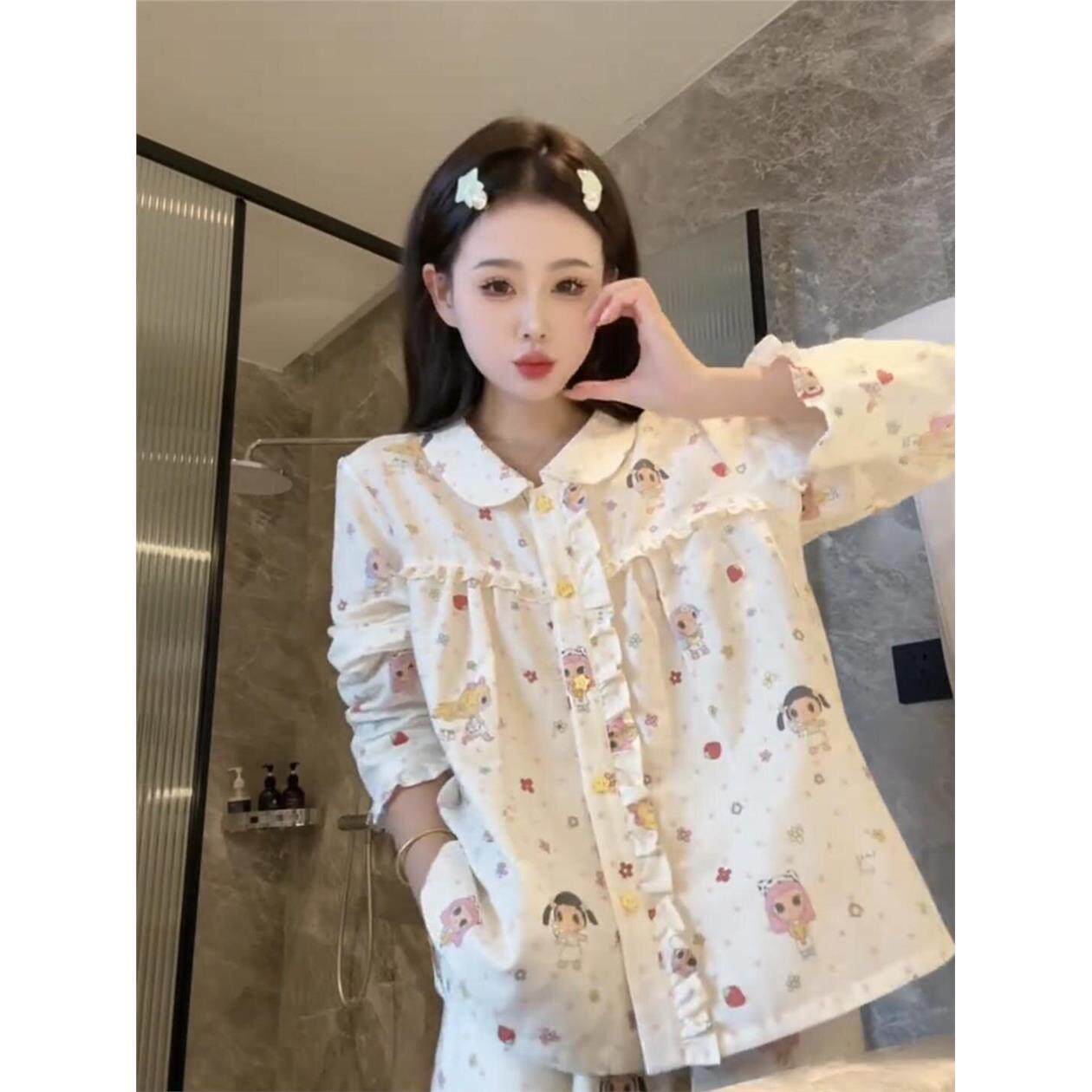 娃娃领睡衣女款秋季新款纯棉长袖长裤甜美可爱宽松薄款家居服套装