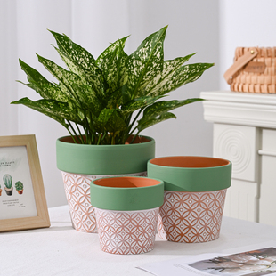 创意铜钱浮雕艺术红陶花盆透水透气桌面客厅电视柜装饰陶盆