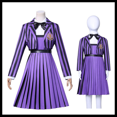 跨境万圣节星期三-紫色女款条纹校服cosplay服装二次元表演亚当斯