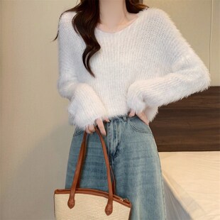 速发白色软糯马海毛衣内搭设计感秋冬季锁貂绒针织衫骨领露水V上