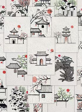 320张古村一隅贴纸中国风简笔高颜值简约山水风景装饰笔记本贴画