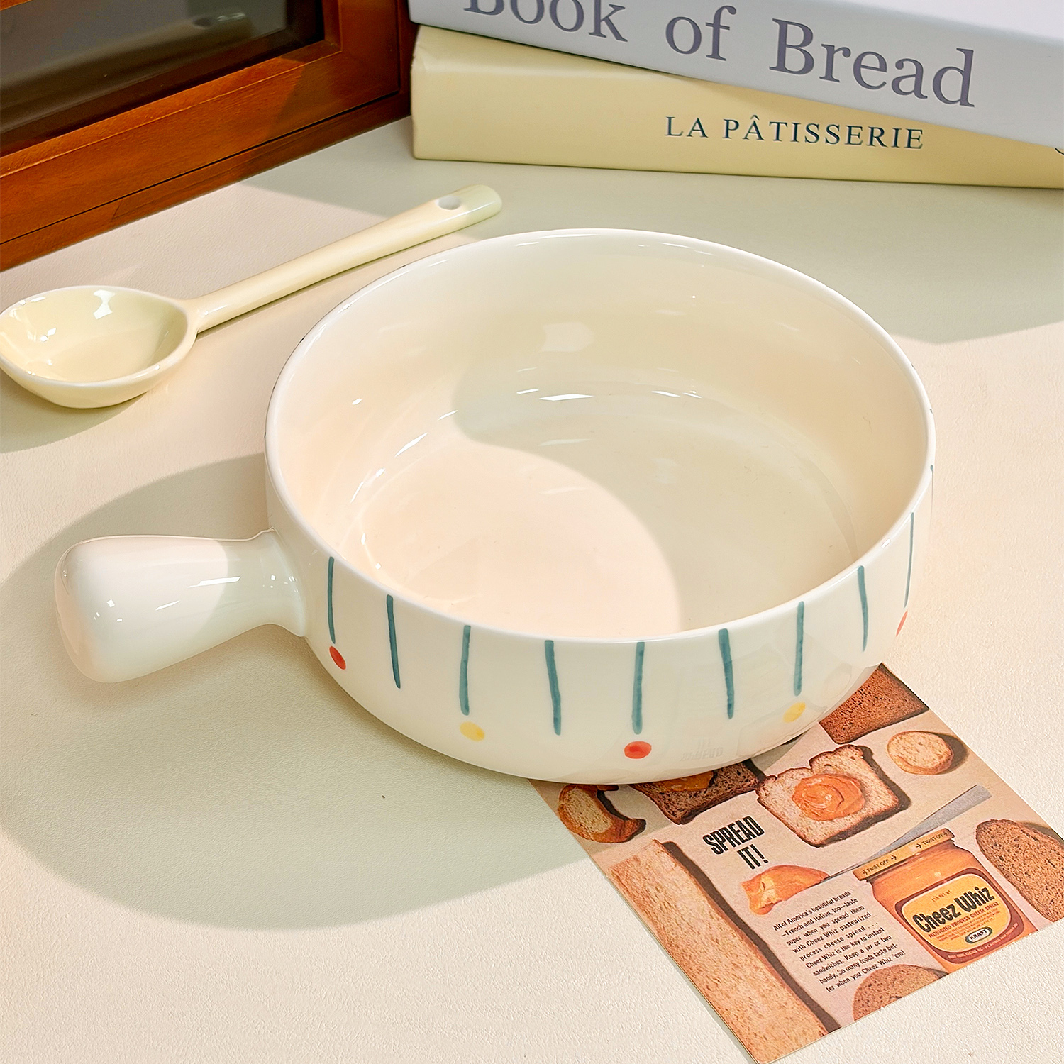 ins陶瓷单柄手柄碗带手把菜盘耐高温烤箱专用高颜值水果碗沙拉碗