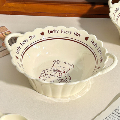 可爱陶瓷双耳碗大容量汤碗面碗拉面碗家用高颜值水果沙拉碗大碗