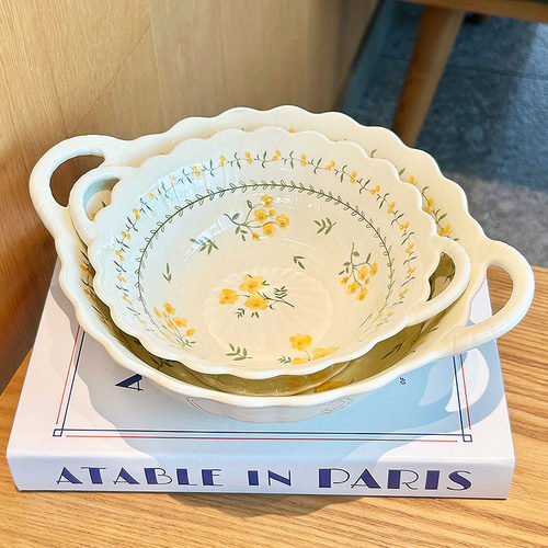 小清新陶瓷双耳碗家用2025新款高颜值餐具吃泡面碗花边甜品沙拉碗