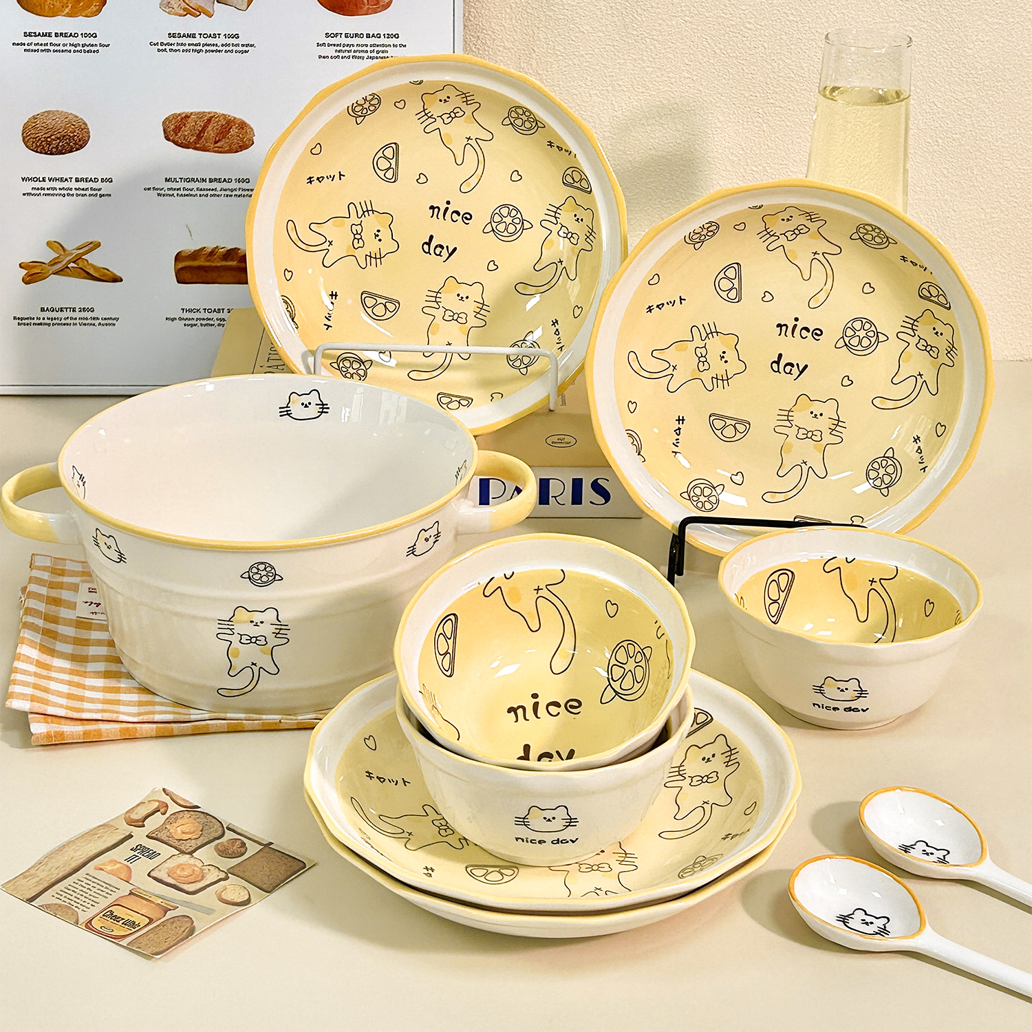 可爱猫咪陶瓷碟碟套装家用高颜值卡通情侣一2人食餐具碗碟筷汤碗