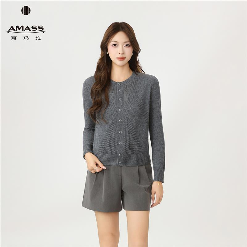 阿玛施女装纯羊绒保暖针织开衫修身显瘦正肩外套春季新品548057=