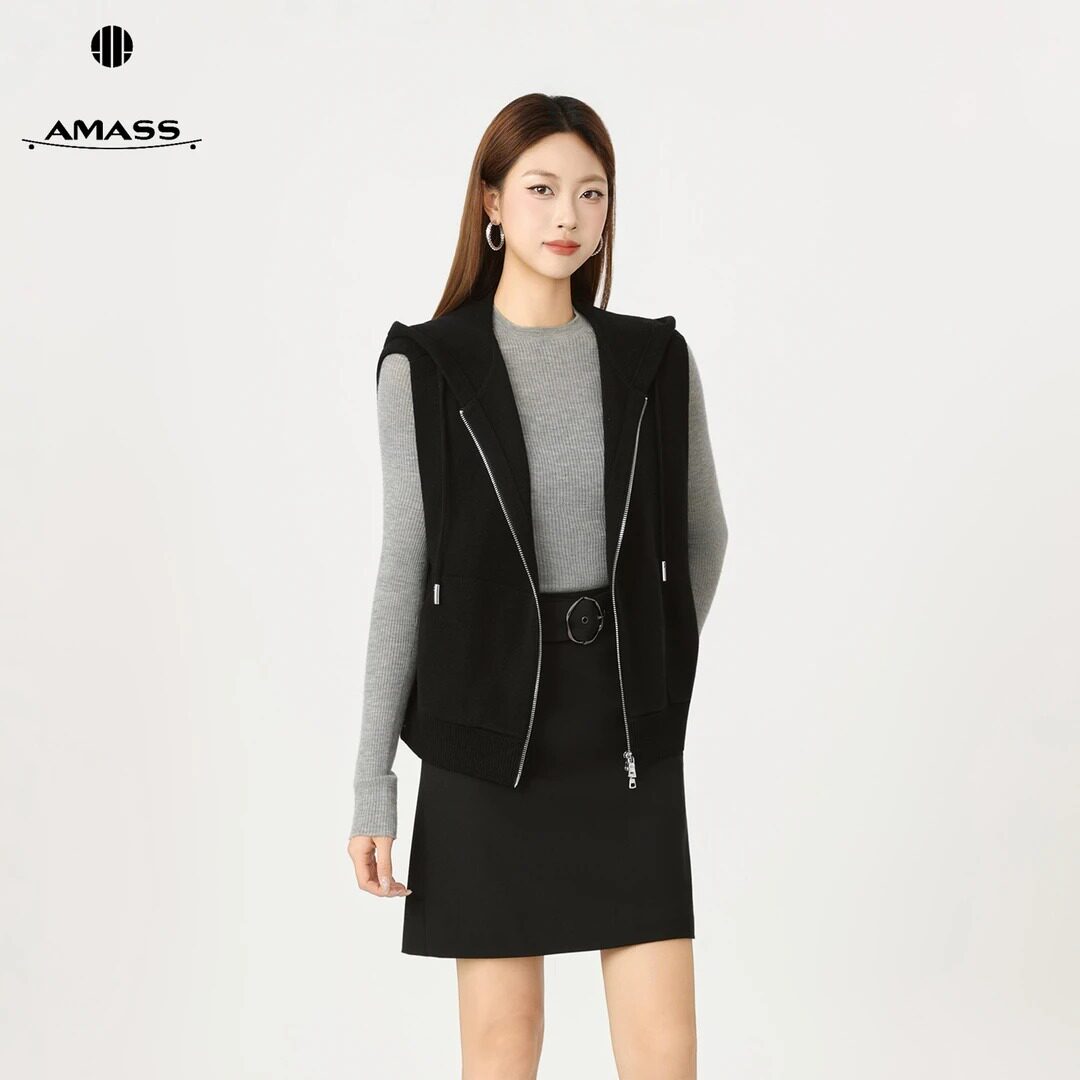 AMASS/阿玛施秋冬穿搭学院风叠穿抽绳连帽羊毛针织马甲548050