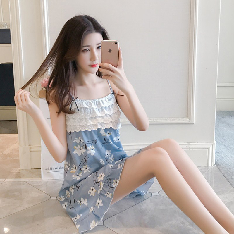 3睡衣女夏季吊带睡裙纯棉可爱蕾丝公主薄款性感带胸垫夏全棉家居服