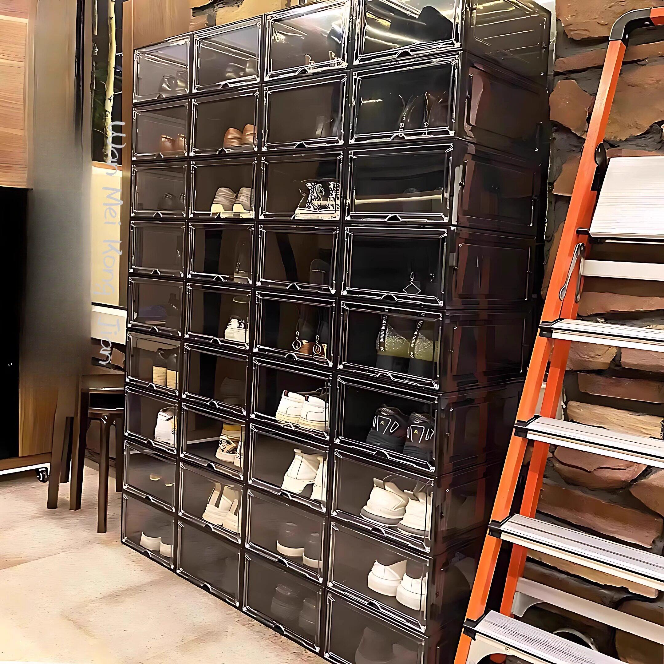 硬塑料日式磁吸透明亚克力门竖款高帮球鞋塑料收纳鞋盒透气组装潮