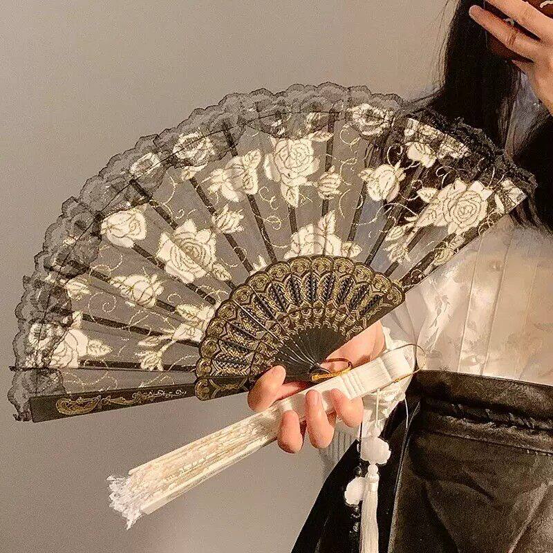 新中式白色蕾丝樱花折叠小扇子夏天国风古风舞蹈马面裙女拍照道具