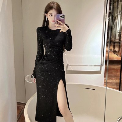 速发高级感装长袖连衣裙气质神范长款优雅收腰性感开叉礼服裙