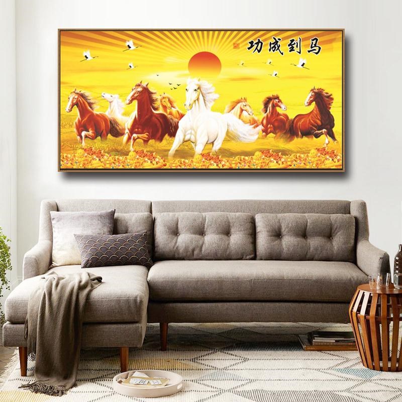 速发八骏图客厅装饰画沙发背景墙挂画卧室书房办公室新中式马到成图片
