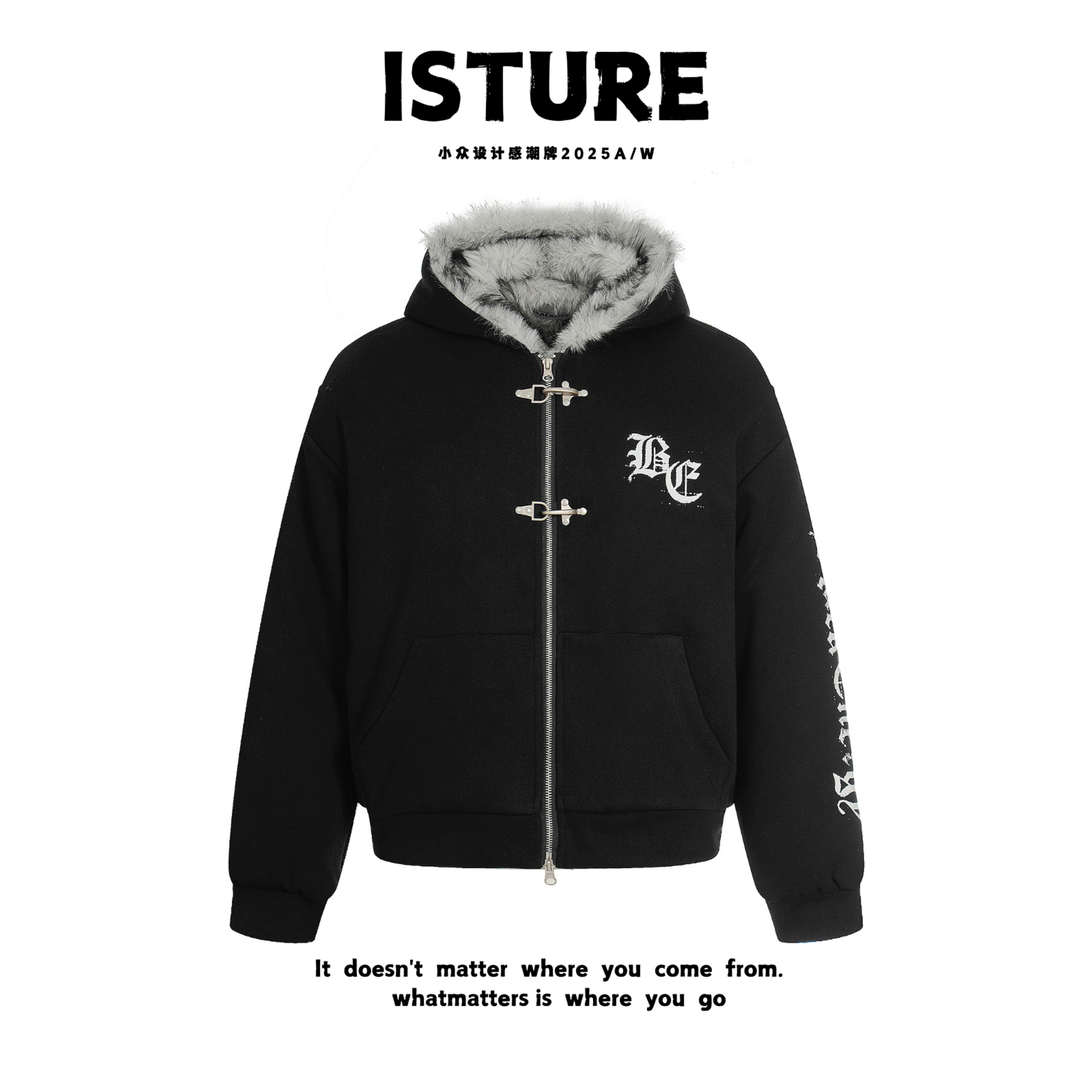 ISTURE美式复古印花毛领座山雕连帽棉服情侣宽松百搭痞帅冬季外套