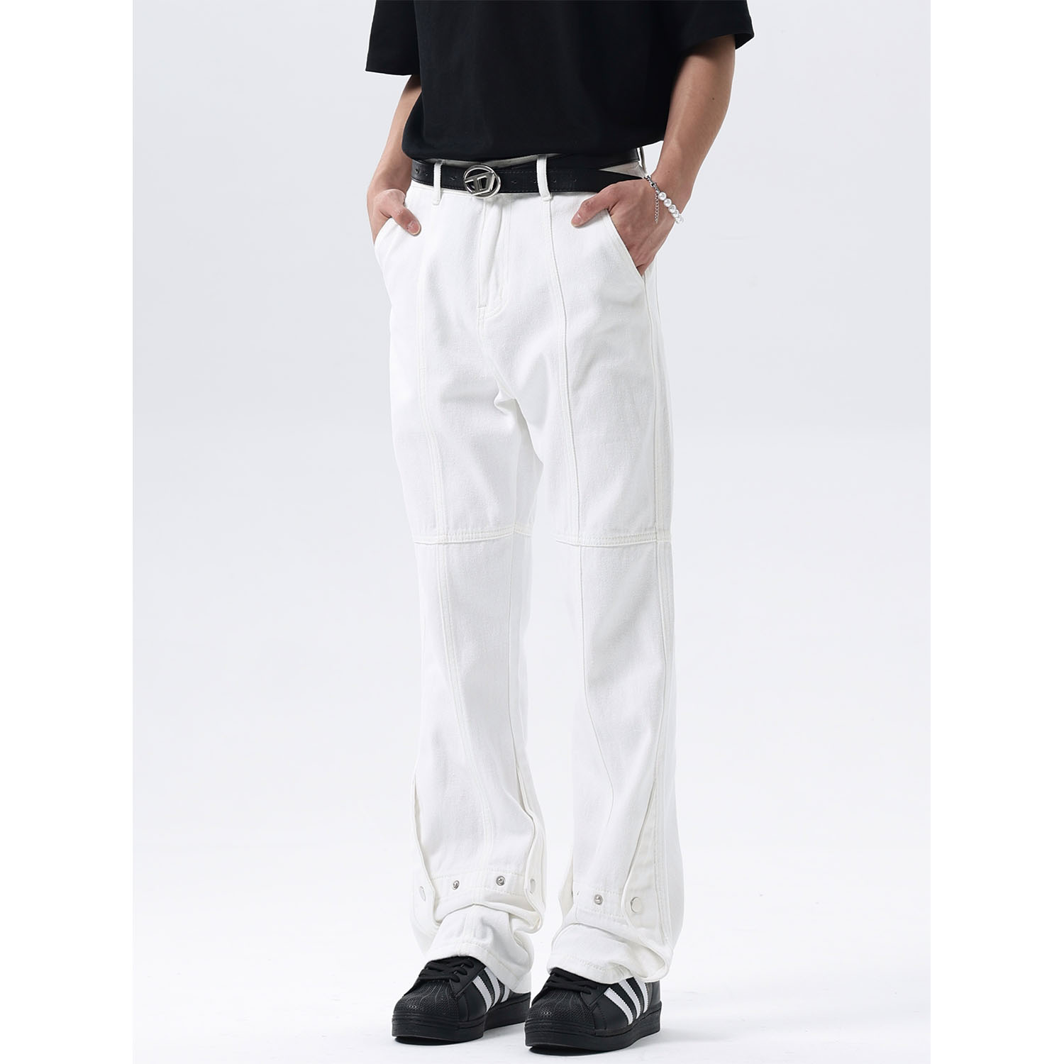 ISTURE  美式高街vibe复古白色牛仔裤男女夏季排扣设计微喇休闲裤