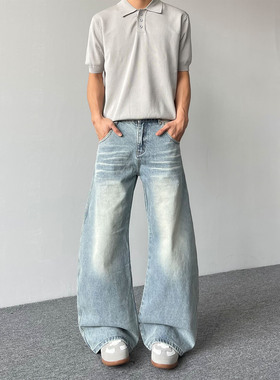 ISTURE美式复古水洗猫须廓形牛仔裤男女宽松休闲阔腿拖地弯刀长裤